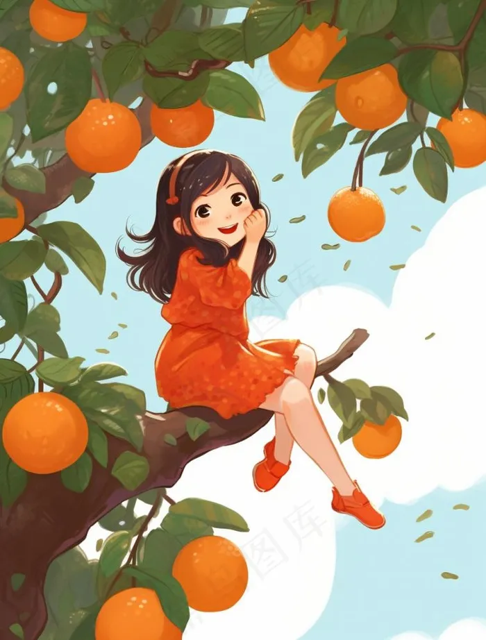 女孩少女坐着橘子树上可爱卡通插画素材背景(960x1264)