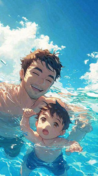 夏天游泳兄弟父子，父亲节父爱，清爽暑期夏至