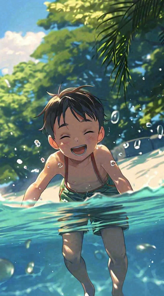 夏天火辣阳光少年游泳清爽插画，夏至夏季小暑大暑暑假(816x1472)