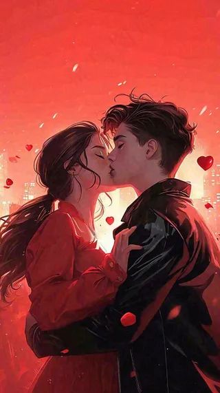 情人节情侣爱情红色爱心玫瑰，亲吻520心形