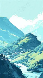 蓝天白云连绵山脉小溪河流小屋，阳光晴天