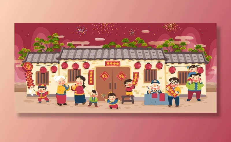 2022虎年春节团圆过大年年货赶集除夕年夜饭财神红包矢量插画eps,ai矢量模版下载