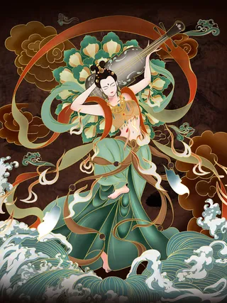 复古中国风国潮神话人物敦煌插画仙女手绘海报背景PSD设计素材