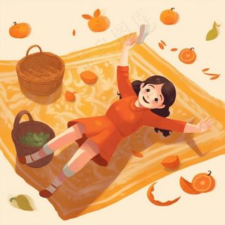 野餐垫上的女孩水果玩耍开心橙色插画素材背景
