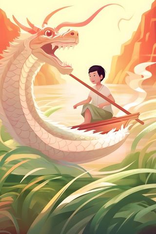 水上划船龙舟水草卡通插画背景