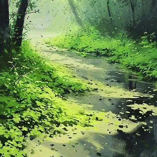 春天绿树成荫的树林里面小溪溪水飘着树叶和花瓣