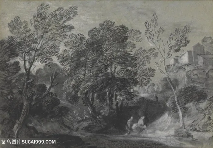 庚斯博罗油画素描树林美景装饰画