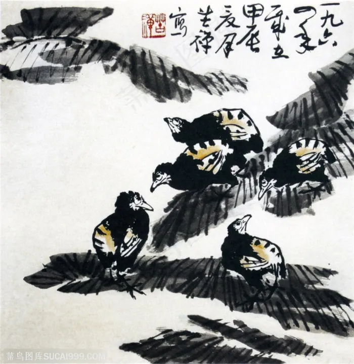 国画名家作品-李苦禅的霜叶委地  群禽栖之