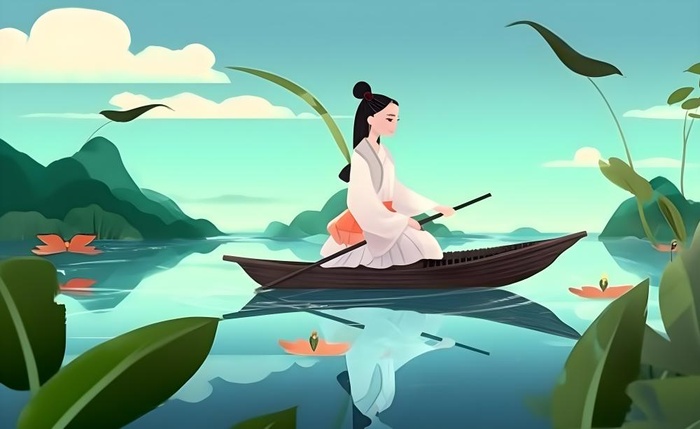 湖上划船绿色植物湖水水墨画背景