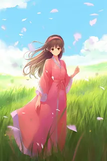 古风少女红裙子在草丛中花瓣纷飞卡通插画 古风少女红裙子在草丛中花瓣纷飞卡通插画