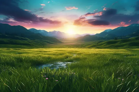 日出日落时的山景绿草如茵的摄影图