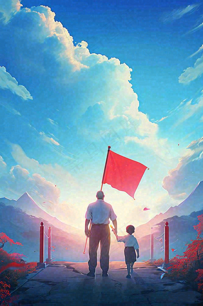 蓝天白云下行走背影，父亲节父爱温馨