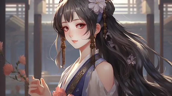 美丽的古风少女在古建筑里玩耍动漫插画图