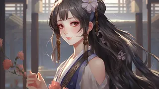 美丽的古风少女在古建筑里玩耍动漫插画图