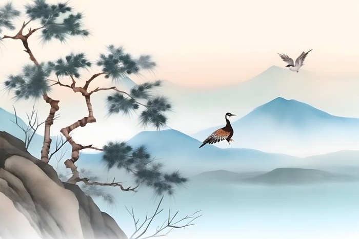 古风山水画迎客松鸟水墨画背景(4032x2688)