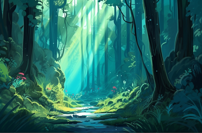 阳光明媚的日子里的一片绿色森林插画背景(4080x2688)