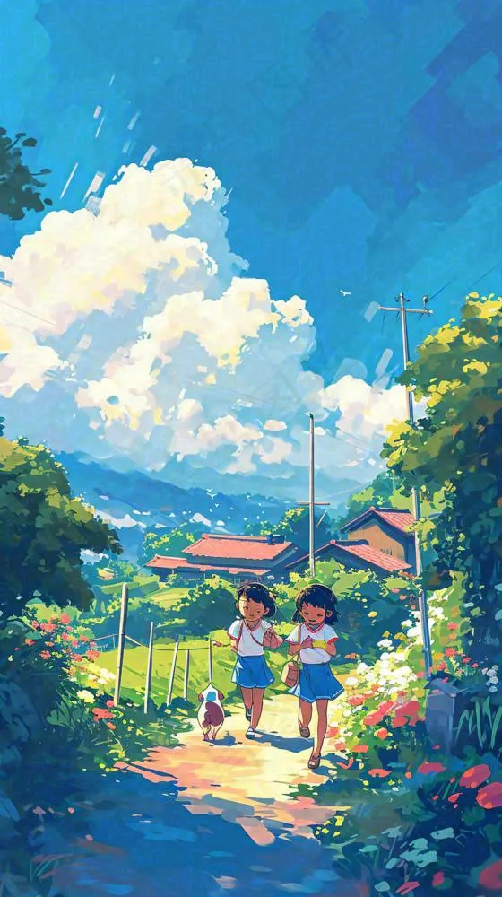清新蓝天白云儿童路边行走手绘插画，花丛草地植物(816x1456)