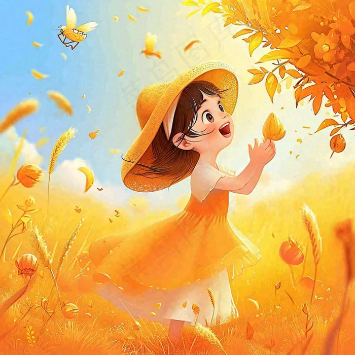 秋天秋叶小麦黄色落叶女孩小孩玩耍(1024x1024)