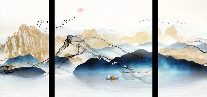 山水水墨三联装饰画psd模版下载