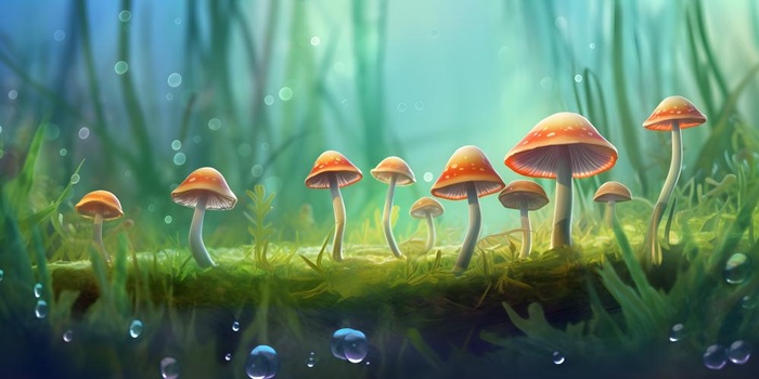 春天草丛蘑菇森林手绘插画海报素材背景(6144x3072)