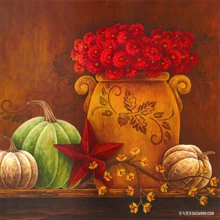 唯美红色花卉花瓶南瓜插画 唯美红色花卉花瓶南瓜插画