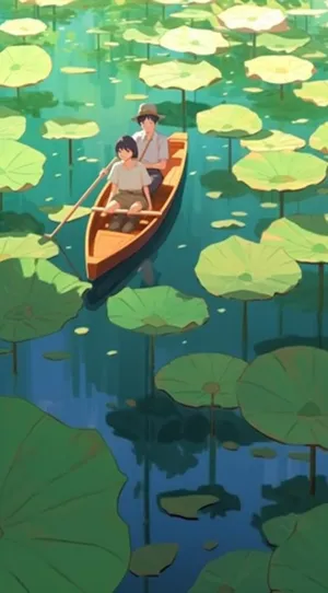 荷花荷叶池里划船的少年绿色插画背景
