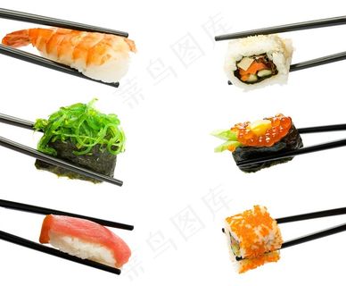 筷子夹住的各种寿司美食高清图