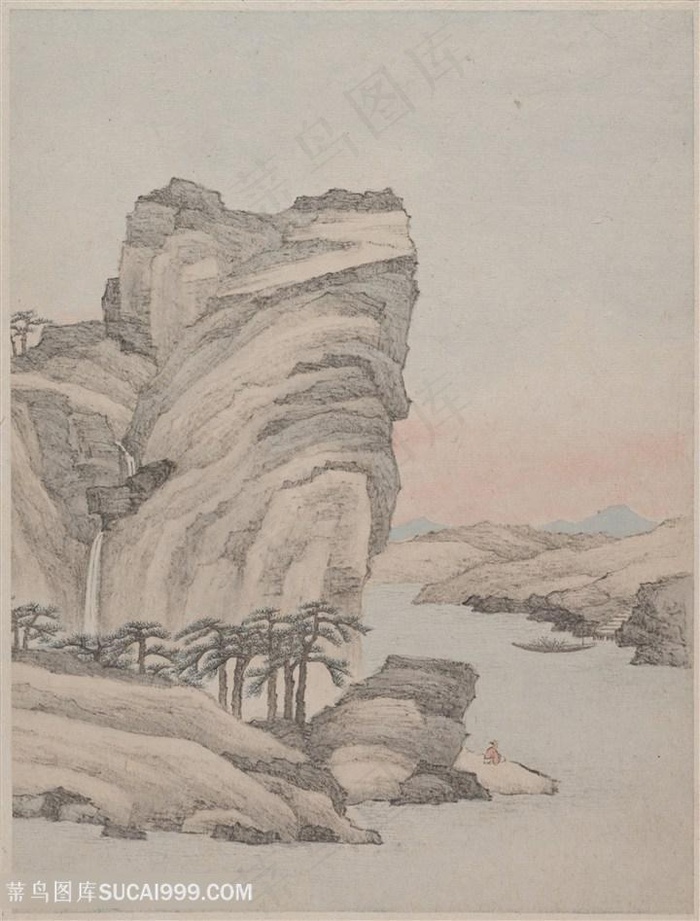 清代画家萧云从山水册页江边戏水国画图片