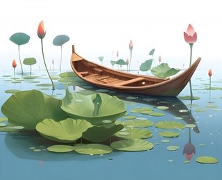 睡莲荷花帆船湖水背景