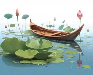 睡莲荷花帆船湖水背景