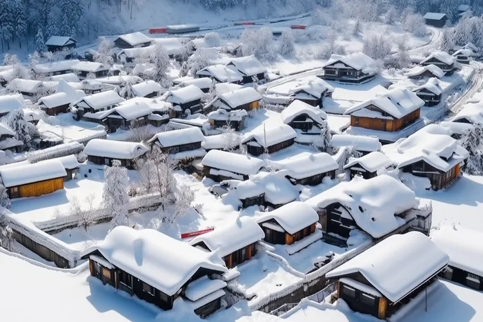 冬天白雪覆盖的小村庄雪景摄影图(4032x2688)
