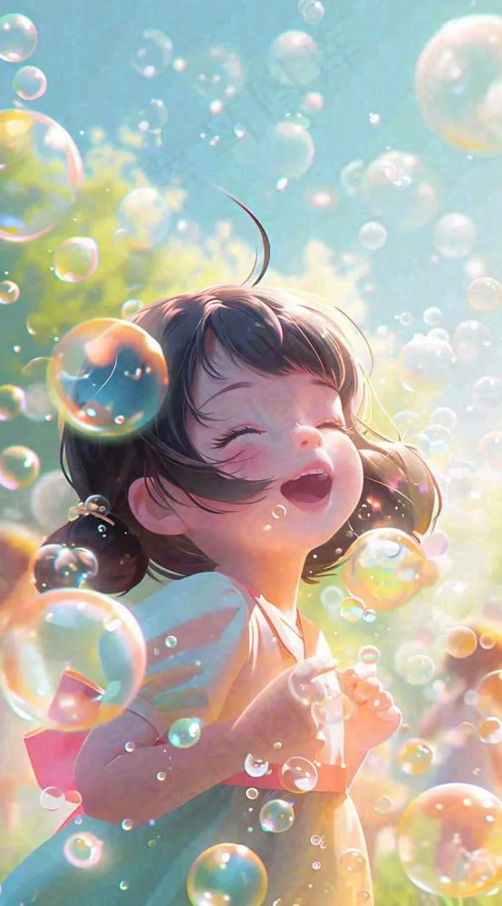 春天夏天女孩草地玩耍，阳光白云气泡可爱插画(816x1472)