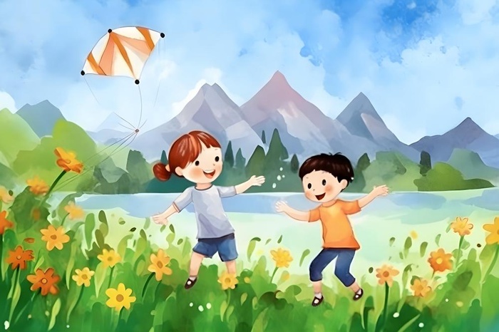 儿童孩子们大自然草原森林游玩卡通背景