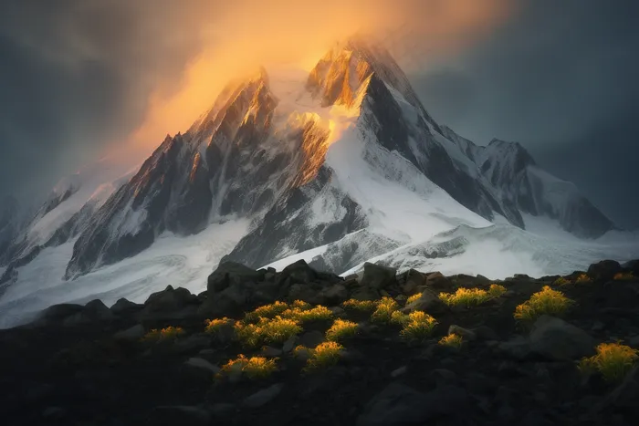 雪山日照金山下的野花摄影图
