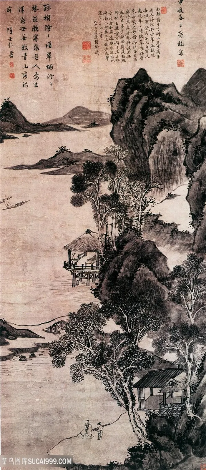 中国风界画抱琴独坐图