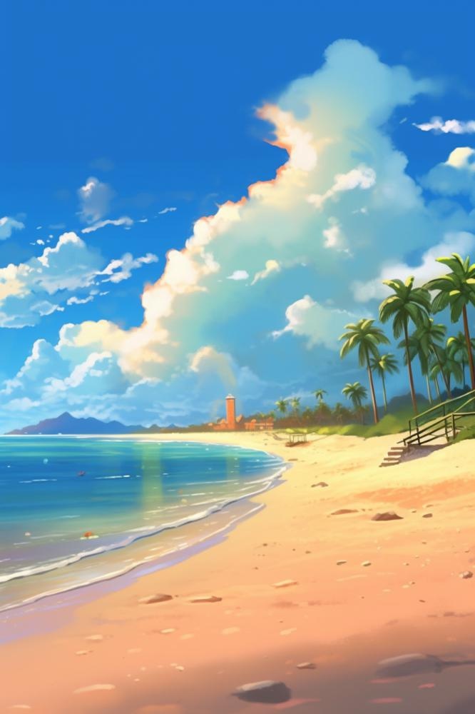 夏日清新阳光沙滩海浪蓝色插画背景(896x1344)