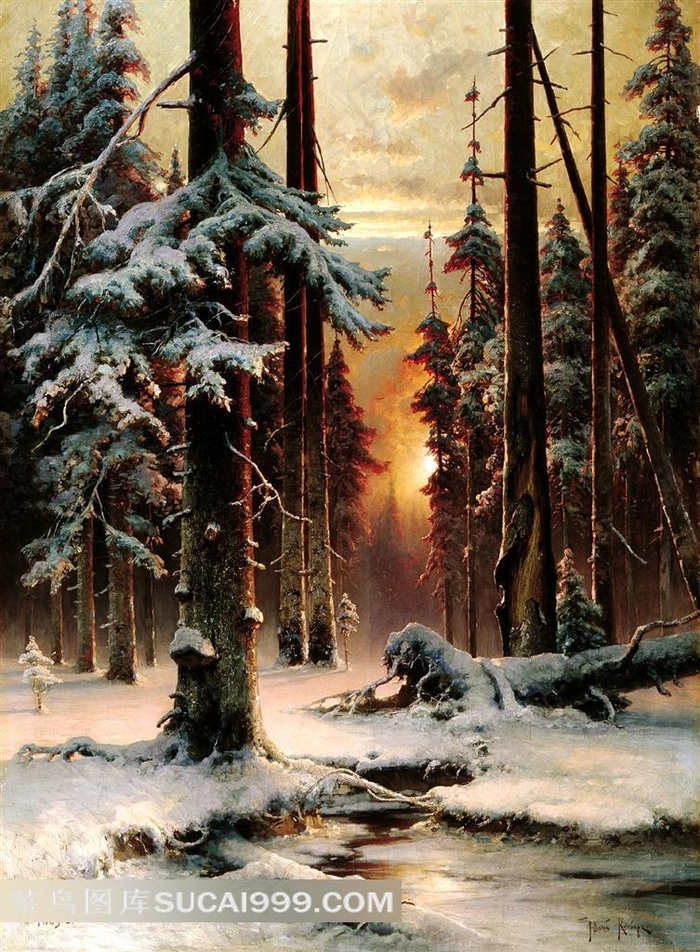 森林雪景油画设计素材