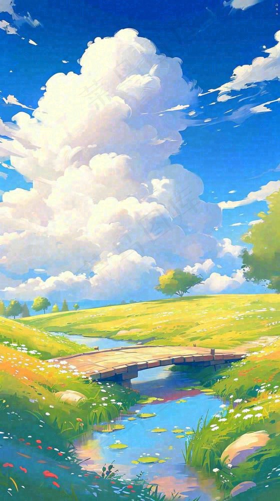 春天草坪河流小溪蓝天白云清新阳光手绘插画，立春春分(816x1456)