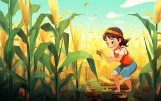 秋季丰收儿童农田小麦玉米插画背景