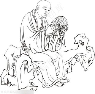 拿着铜镜看自己的和尚手绘线描108罗汉矢量PNG绘画图片