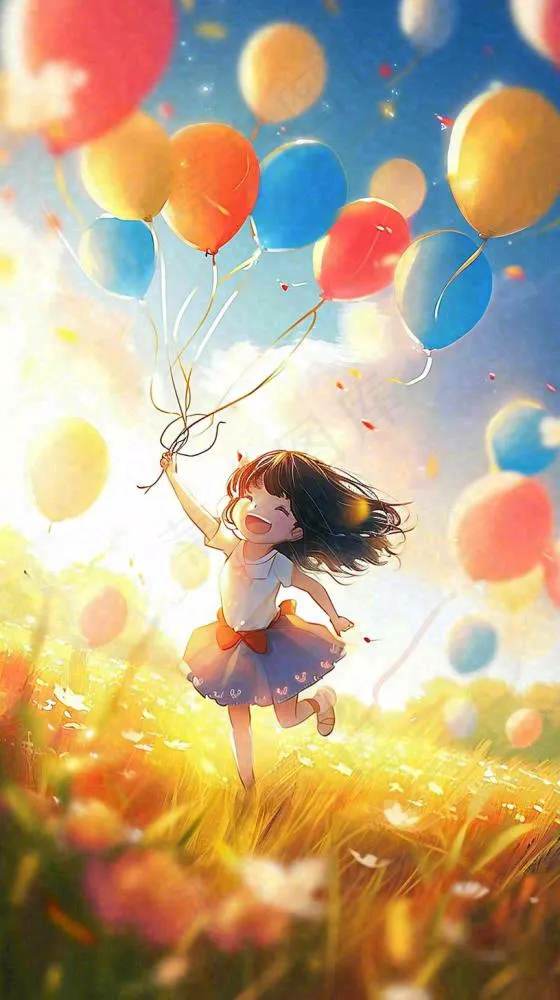 一个可爱的小女孩手里牵着彩色气球在草地上奔跑夏天，儿童节(816x1456)