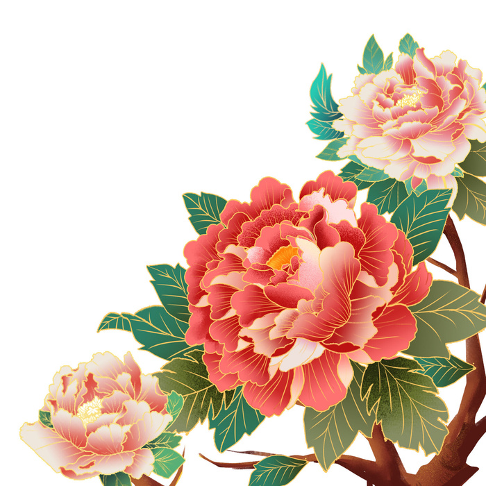 手绘国潮中国风古典牡丹花国花花卉装饰图案PSD设计素材