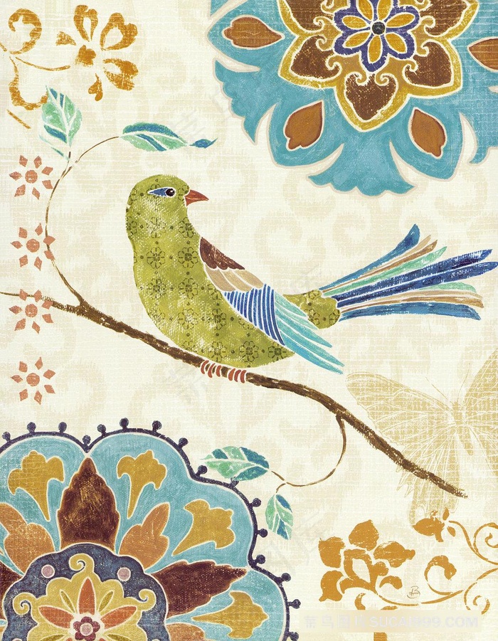 水彩树枝鸟花纹装饰画