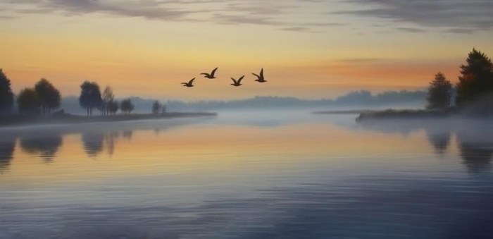 夕阳湖面倒影风光背景(1584x768)