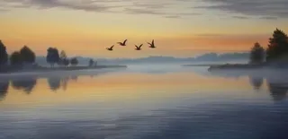 夕阳湖面倒影风光背景