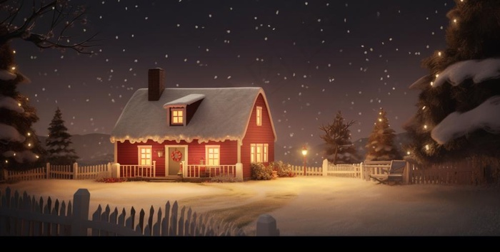 冬天夜晚森林里的房子被白雪覆盖卡通插画背景(1552x784)