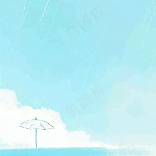 夏天海边蓝天白云水彩画