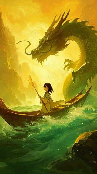 国风中国龙龙年落日黄绿色意境海浪插画手绘