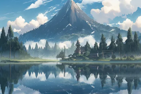 写实风格大场面风景湖泊高山森林插画