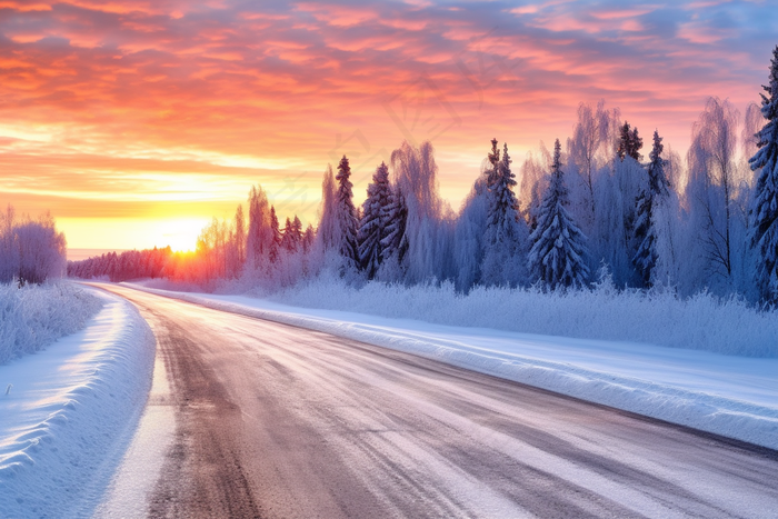 夕阳下的雪地公路森林雪景摄影图(4032x2688)
